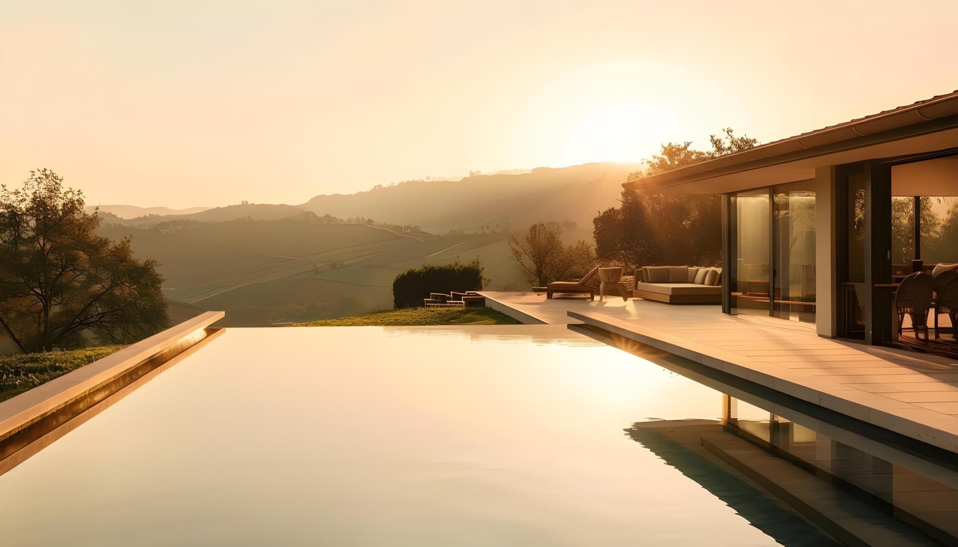 Casa contemporânea com piscina ao pôr do sol